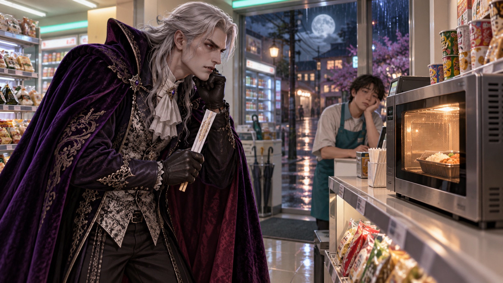 AI fan concept of a Castlevania-style vampire count waiting for a microwave bento in a Japanese convenience store while a sleepy clerk watches